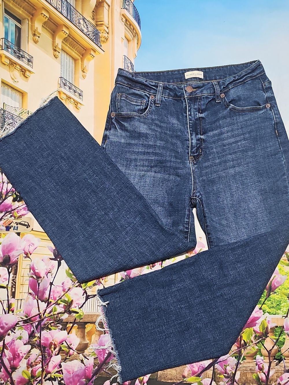Oliver Logan Dark Blue High Waist Jeans with Frayed Hem Size 28